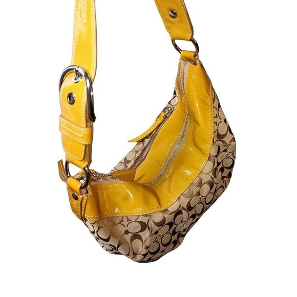Coach Tan/Brown Signature Canvas Hobo Bag With Mustard Yellow Patent Leather Tri - Picture 11 of 13